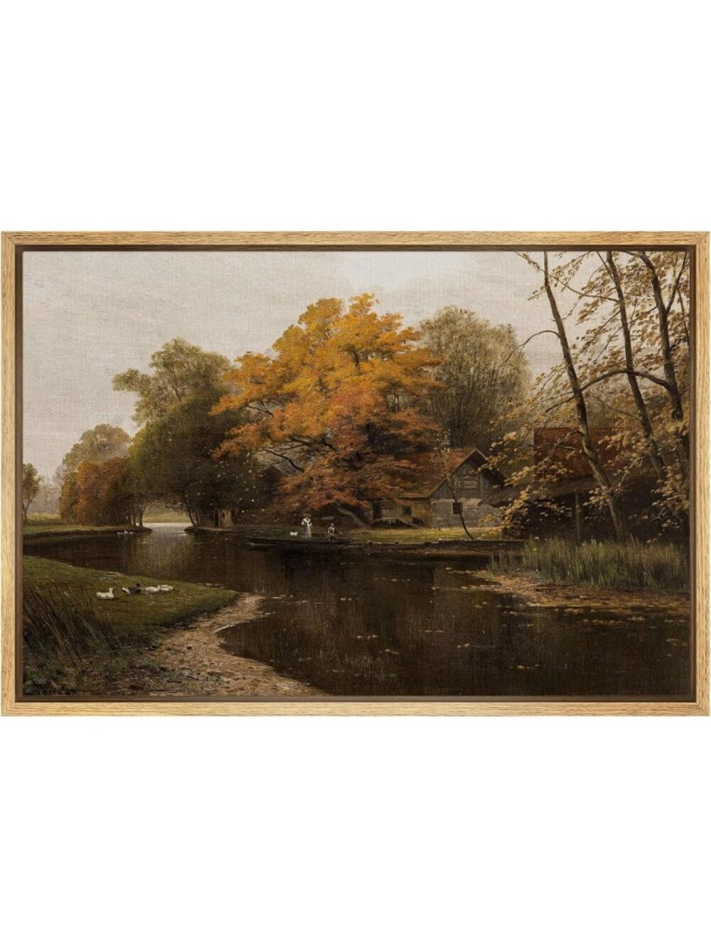 Framed Canvas Print Wall Art - Autumn Forest River Landscape, Vintage Nature